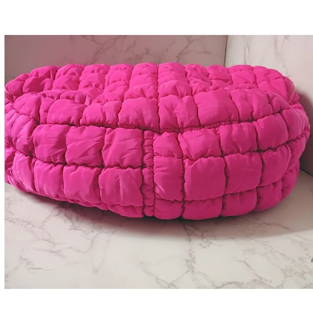 Hot Pink Quilted Puffer Hobo Bag & Clinque Striped Cosmetic Bag